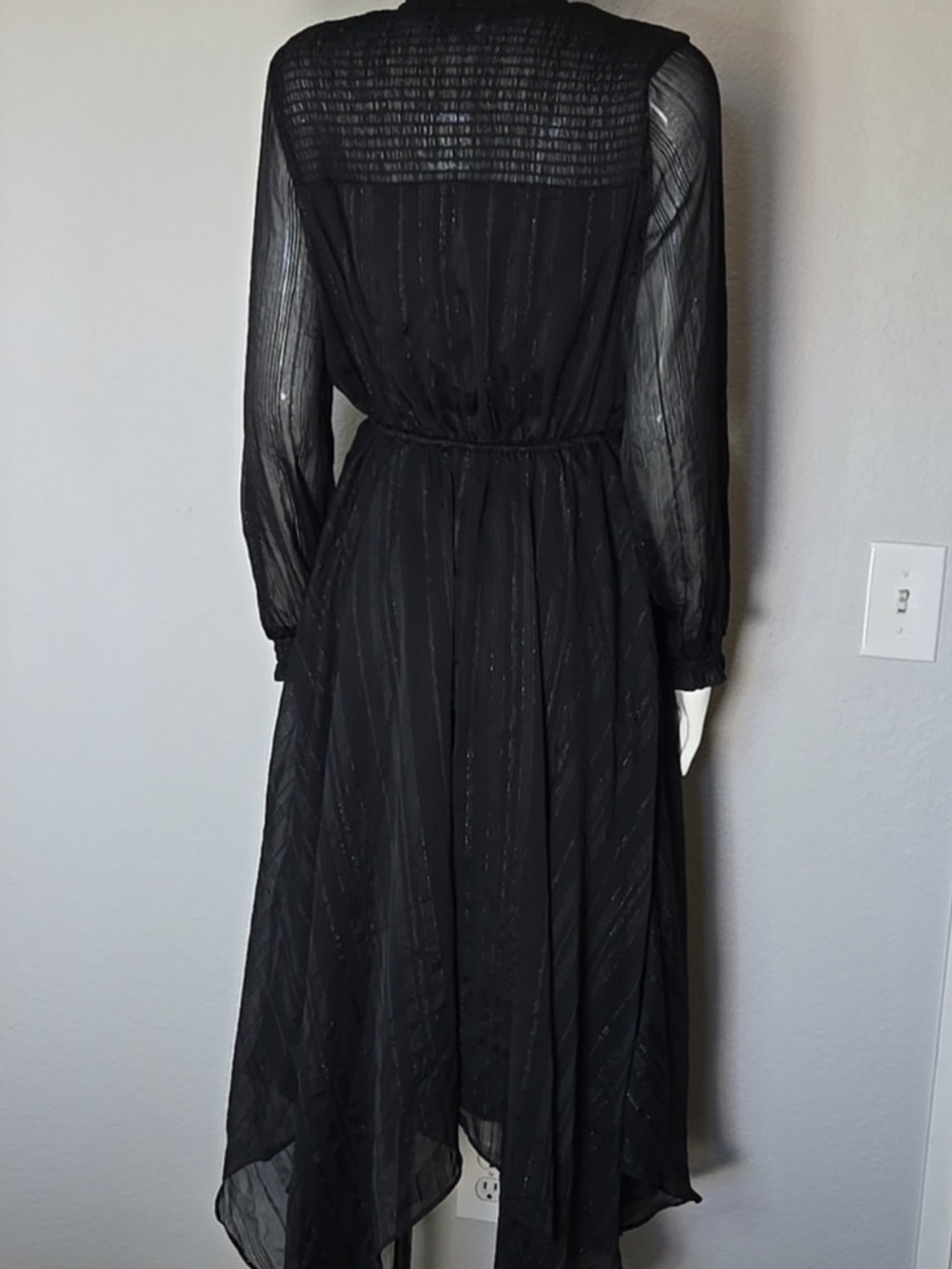 Nanette Lepore Sheer Long-Sleeve Handkerchief Hem Dress, Black w Silver, Sz 8 - Picture 5 of 9